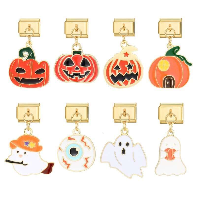 New Women's Gift Gold color Halloween Pumpkin Pendant Italian Charms Links Bangle Beads Fit 9mm Stainless Steel Bracelet Making DIY For Women Fas