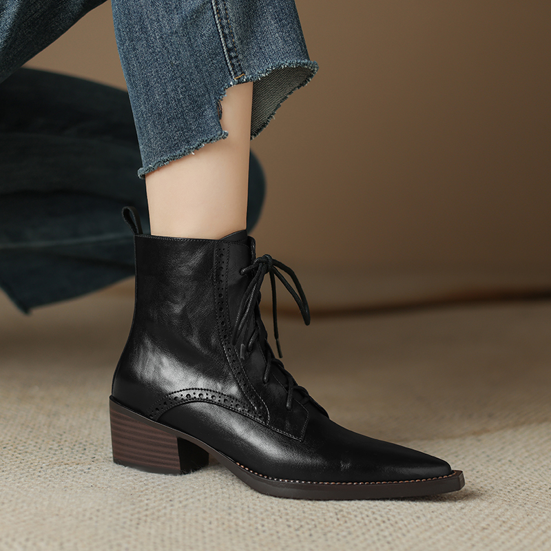 2024 New Autumn Women Boots Pointed Toe Women Shoes Chunky Heel Ankle Boots Winter Western Boots Cowboy Boots Genuine Leather