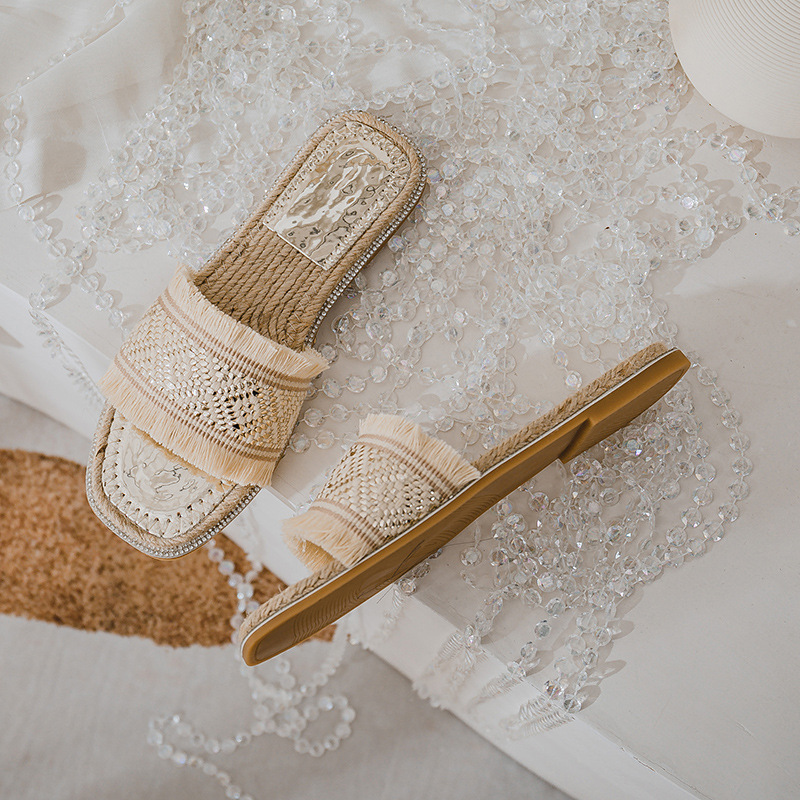 embroider knitting canvas slippers women bohemian fringe flip flops beach shoes woman straw bottom tassel sandalias mujer size43