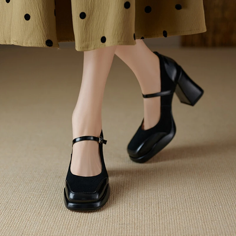 2025 new Women's Spring Pumps Sheep Suede Leather for Women Round Toe Chunky Super High Heel Mary Janes Platform Shoes 0811 Platm