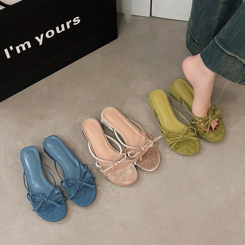 heel Square High-Heeled Shoes Lady Womens Slippers Outdoor Med Slides Pantofle Block New Designer Summer 2024 Pumps Rome Cott 4580