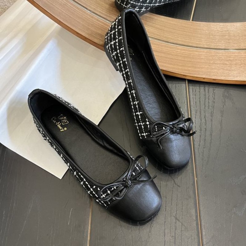Plus Size Women's Flats Square Toe Boat Shoes Costume Tweed Slip on Shoes for Female Plaid Jacquard Fabric Ballet Flats 1575N