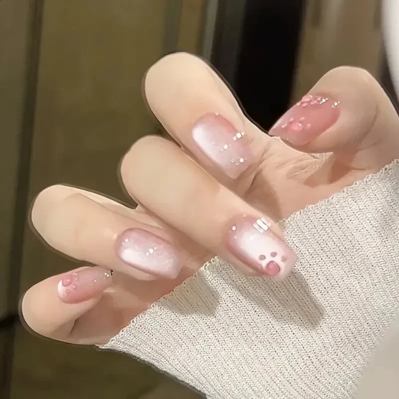 10Pcs Pink Handmade Press-On Nails Cat Eye with Paw Pattern Nail Tips Short Square False Nail for Women for Wear 240914