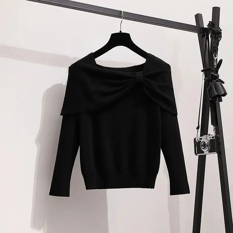 Red Bow Slant Neck Knitted Long Sleeve Floral Womens Sweater Black Checkered High Waist Womens Two Piece Set Long Sleeve Skiing 240905