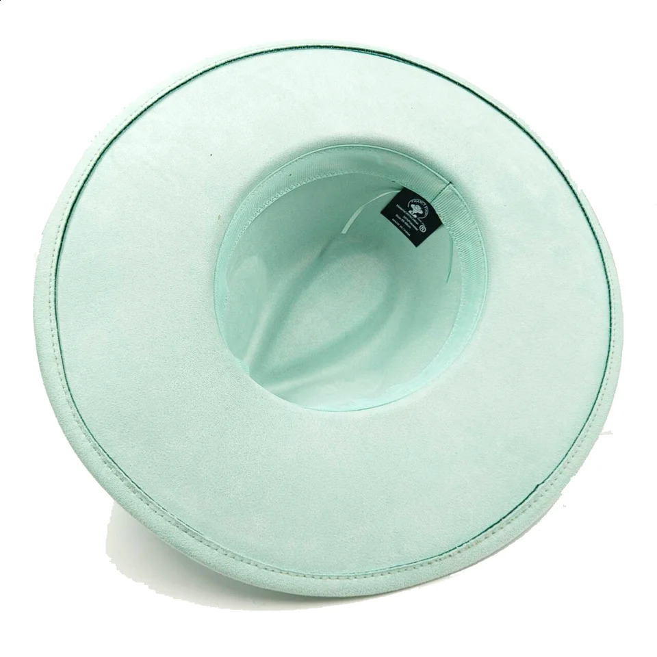 Mint green 2024 suede feather accessories 9.5cm hat brim wide brim jazz fedora womens hat sombrero hombre 240912