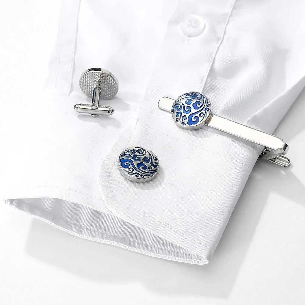 Blue Retro Palace Pattern Mens Cufflinks and Tie Clip Set Round Square Shaped Unique Whale Back Closure For Festival GiftX240914