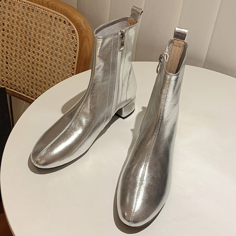 Sier Gold Ankle Boots For Women Mirror Genuine Leather Autumn Winter Casual Low Heel Short Party Shoes Ladies Sexy 1ac2