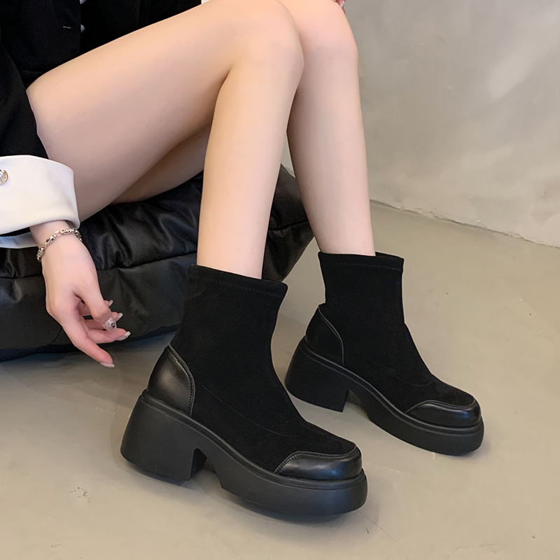 Lady Shoes Boots Clogs Platform Winter Footwear Boots-Women Round Toe High Heel Rock Lolita 2023 Autumn Ankle Rubber Solid Cott 6486 -Women