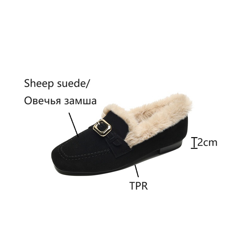 Winter NEW Loafers Sheep Suede Leather for Women Round Toe Low Heel Black Warm New Wool Blend Shoes atos mujer 39bc