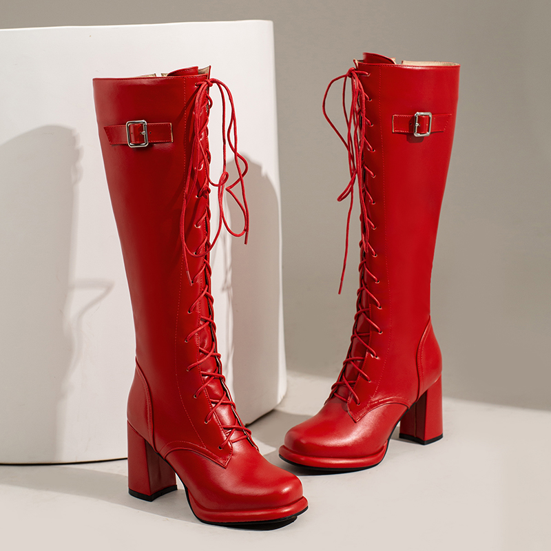 Knee Pink High Women New 2022 Autumn Winter Female Block Heels Red Black Lace-up Riding Boots Shoes Large Size ed90