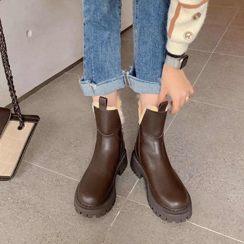 Round Autumn Toe Thick Heel Genuine Leather Winter Blended Wool Platform Snow Boots Warm Shoes for Women 0659