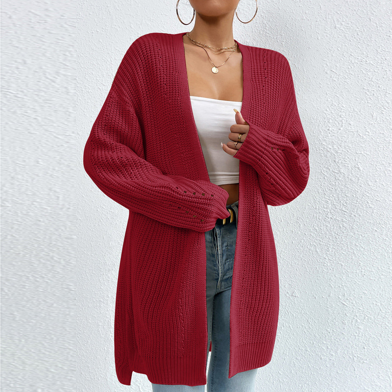 Women's Knits Autumn and winter loose mid length sweater jacket knitted cardigan V-neck solid color knitted sweater
