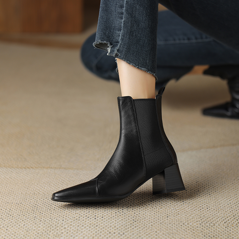 2024 Genuine Leather Winter Women Shoes Square Toe Chunky Heel Fashion Retro Ankle Boots Handmade 60fe