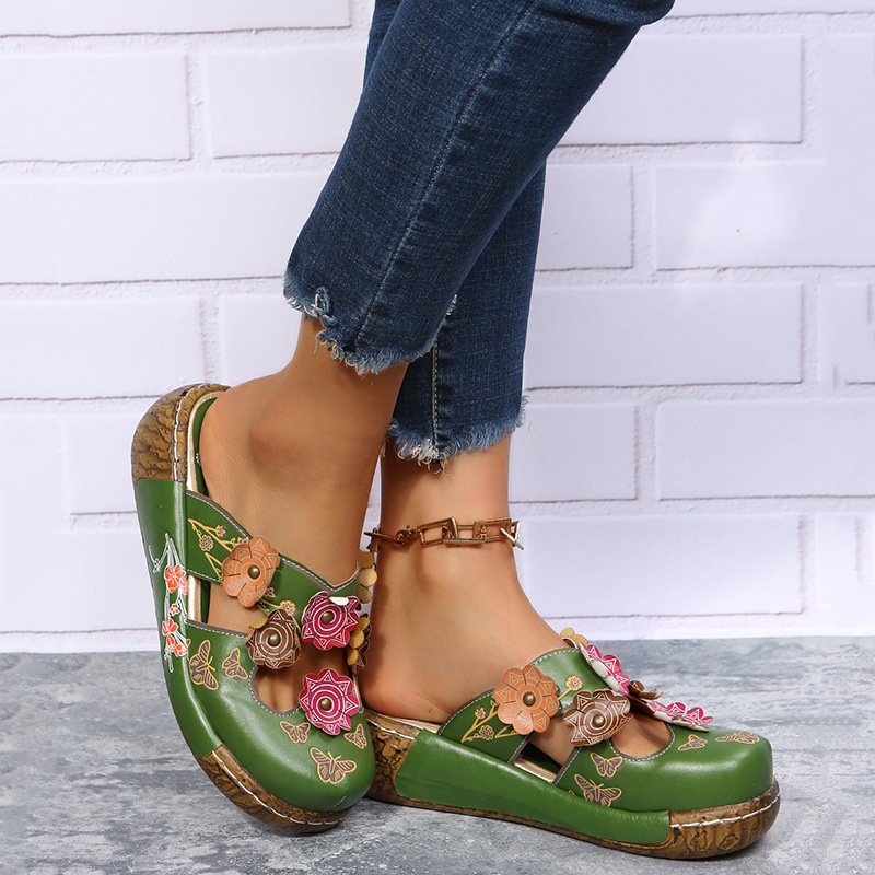 2024 Summer New Baotou Ethnic Slippers Bottom Flower Handmade Thick Sole Retro Women's Platform Sandals Zapatillas Mujer