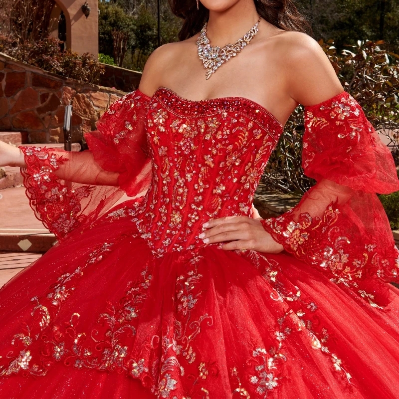 Red Ball Gown Quinceanera Dresses Off The Shoulder Sequined Gold Appliques Lace Beading Tull Tassel Vestidos De 15 Anos Sweet 16 Dress