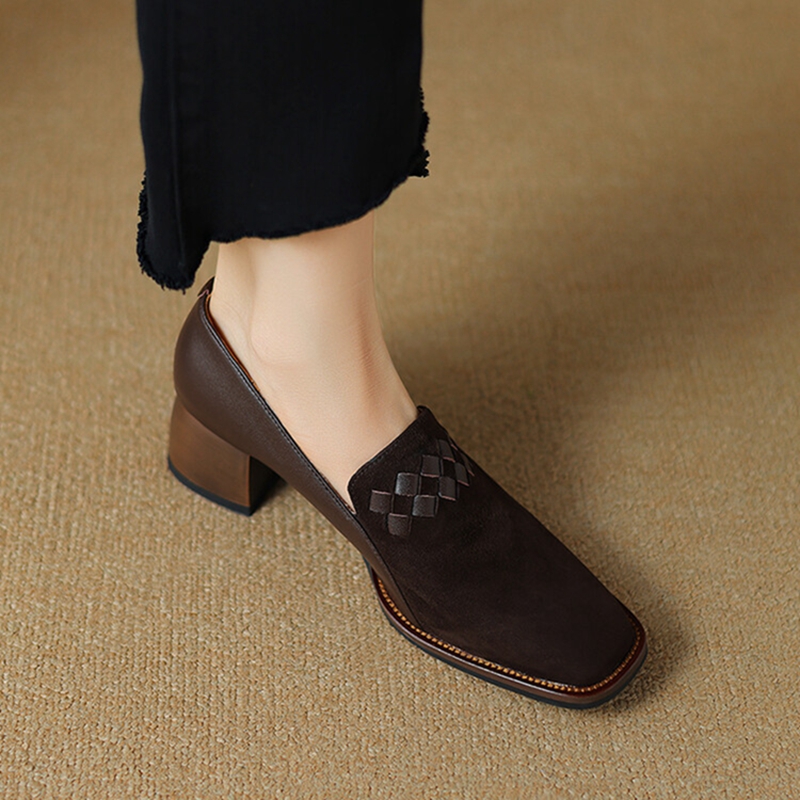 Spring/Autumn New NEW Loafers Sheep Suede Leather for Square Toe Chunky Heel Black Shoes Concise Weave Women Pumps 0f05