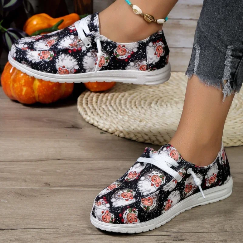 Christmas Sneakers Woman Lonely Canvas Shoes Autumn Santa Claus Print Fashion Breathable Casual Flat Shoes New Year Gifts