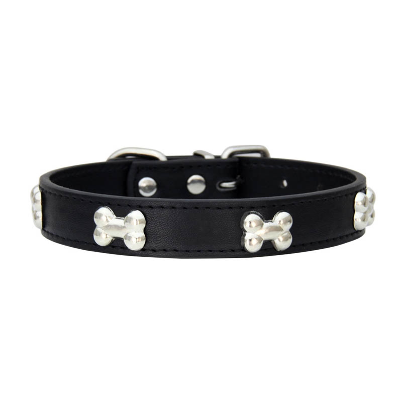 Adjustable Pet Collar Cat Dog Collar Solid Color Leather Strap Bones Decoration Durable Pet Necklace Pet Accessories