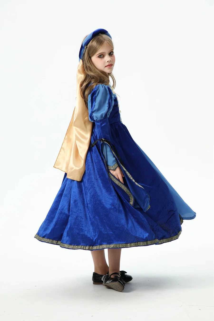 Childrens Vampire Costume Retro Palace Horror Witch Dress Medieval Renaissance Girls Halloween Role Playing Vampire Blue Dress Set W240914