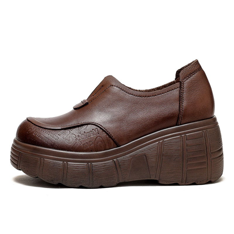Genuine Leather Women's Wedges Heel Loafers, Slip-On Platform Casual Shoes 4
