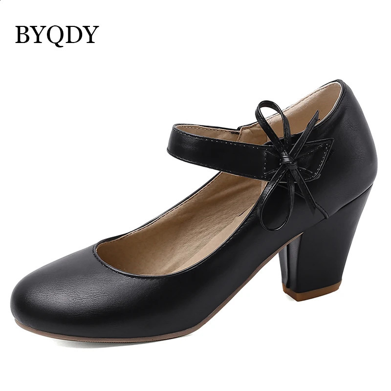 2025 new BYQDY Women Pumps 7cm High Thick Block Heels Round Toe Mary Janes Footwear Wedding Dress Office Lady Ankle Strap Shoes with Bow 240904