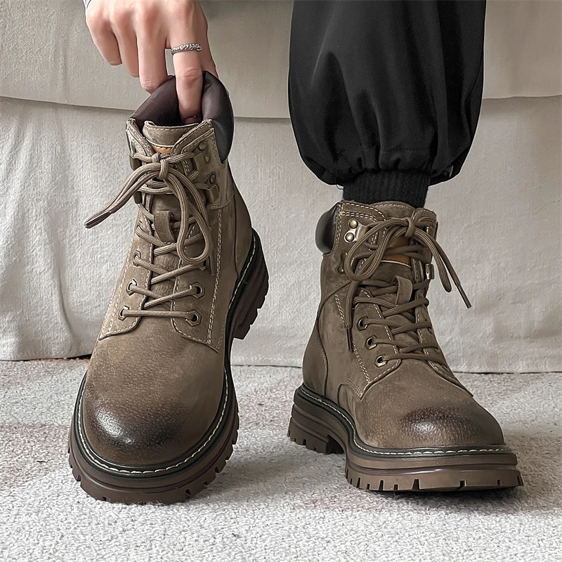 Round Quality Toe Men's Desert Winter Casual Leather Outdoor Stylish Ankle Boots Fashion British Anti Slip High Top Shoes 1cfc 9894