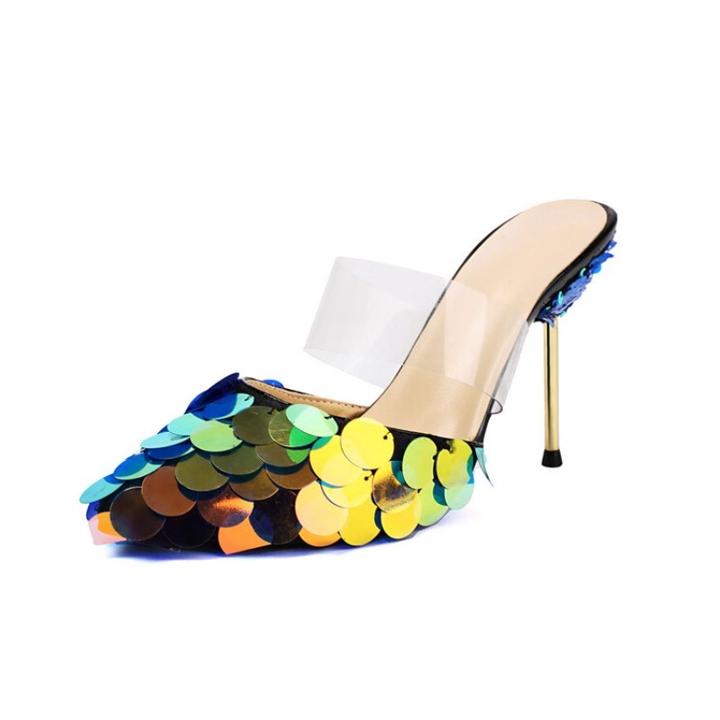 New Pointed Large Sequin Outdoor Summer Slippers Women's Summer Nightclub Spicy Girl Punk Style Roman Shiny Sandals Size 32-43
