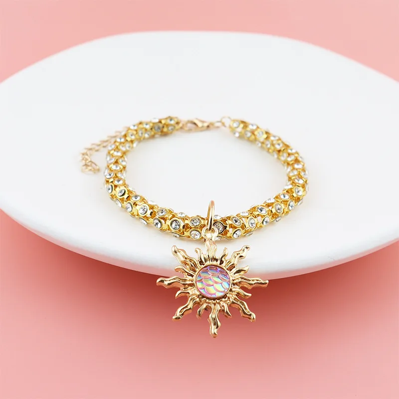 Pearl Cat Collar Adjustable Diamond Metal Dog Collar Necklace with Sun and Butterfly Pendant Perfect for Kitten and Puppy Party