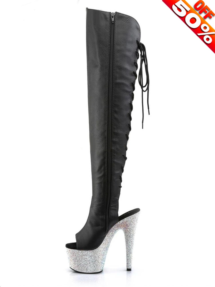 Crossdress Sexy 17cm Over The Knee Boots Platform Gothic Pole Dance Stripper Heels Peep Toe Lace Up Exotic Women Shoes Fashion