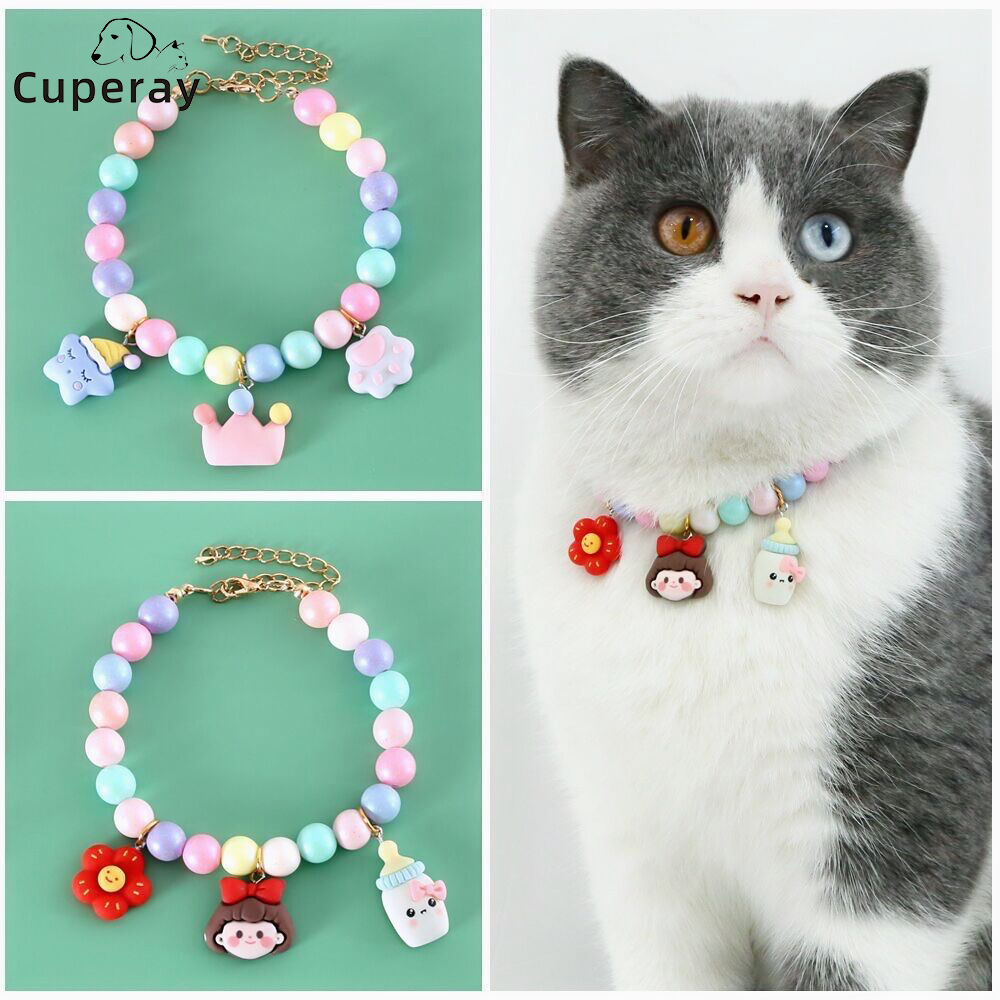 Macaron Cat Collar Cute Pet Collars with Crown Flowers Rabbit Pendants Birthday Collar Necklace Accessories for Cats and Puppies