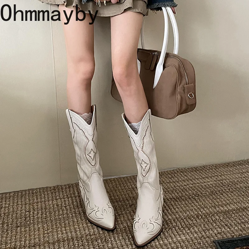 V Vintage mouth Women Western Knee-High Boots Fashion Pointed Toe Shoes Autumn Winter Thick Heel Ladies Knight Long Booties f92e