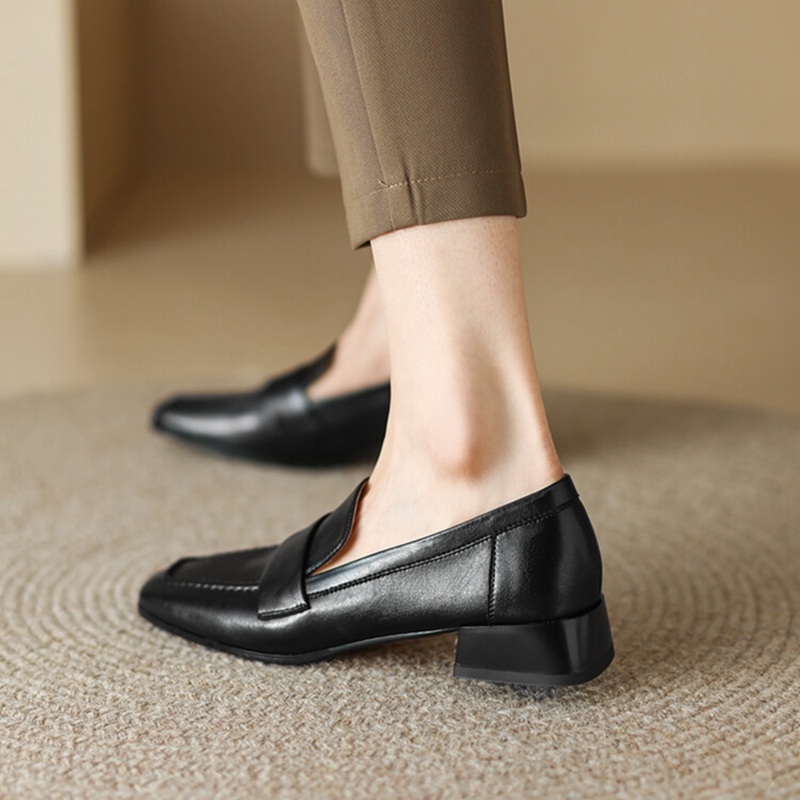 NEW Spring/Autumn Women Loafers Square Toe Chunky Heel Shoes Split Leather Shoes for Women Concise Low Heel Slip-on Women Pumps