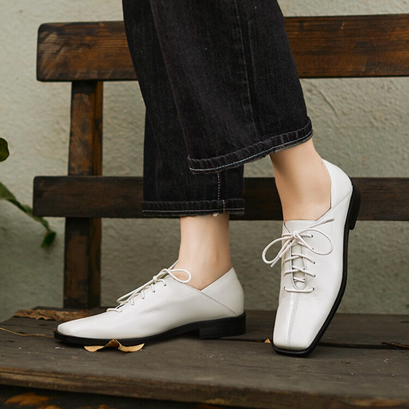 Spring/Autumn NEW Genuine Leather New for Square Toe Chunky Women Pumps Lace-up Low Heel Shoes 74a0