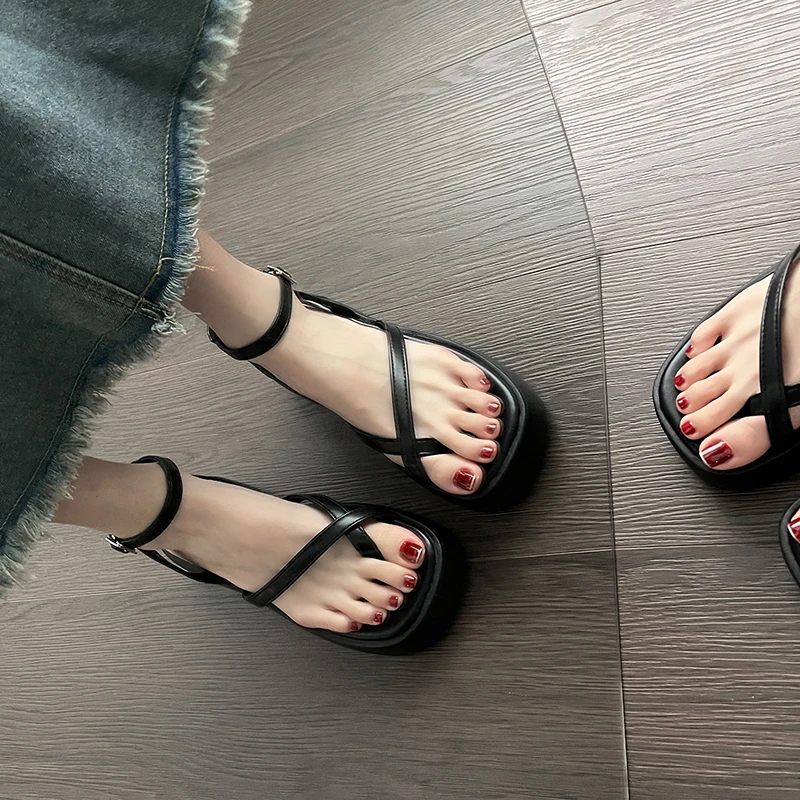 Blue Denim Platform Women Summer 2024 Clip Toe Wedge Heeled Sandals Woman Ankle New Straps Thick Bottom Wedges Shoes Female 0e29