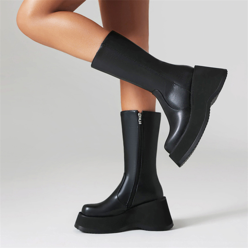 Women's Sexy Mid-calf High Platform Punk Goth Wedge Heels Black Combat Boots Autumn Winter Party Dance Shoes Ladies Brand 1dcd