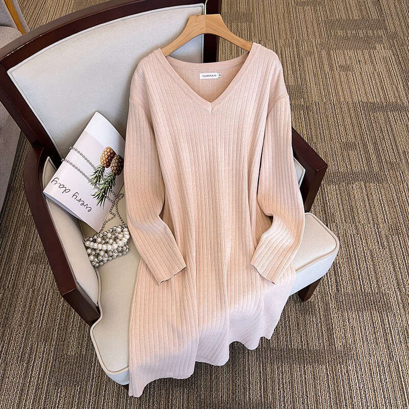 155Kg Plus Size Women's Bust 160 Spring Autumn New Loose Long V-Neck Sweater Dress Black Apricot 5Xl 6Xl 7Xl 8Xl 9Xl 10Xl