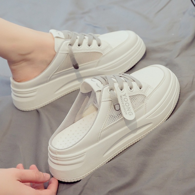 Round Head Lace-up Net Fabric Casual Slippers 2024 Summer Smiling Face Thick White Shoes Street Shoot Trend Net Women's Shoes