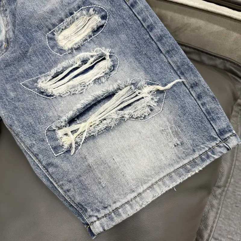 Summer Korean Luxury Clothing Cowboy Casual Denim Knee Length Punk Washed Hiphop Streetwear Distressed Hole Jeans Shorts for MenX240914