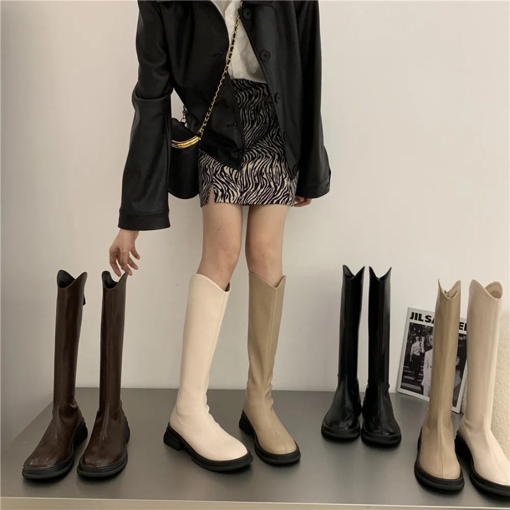 Women's Knee New Autumn PU Leather Female Shoes Low Heel Long Boots Slip on Chunky Botas for Woman 7342