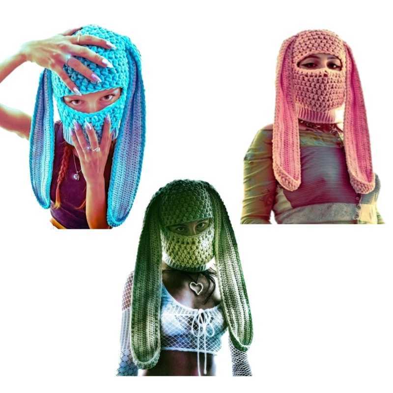 Beanie/Skull Caps Rabbit Ears Beanie Hat Womens Novel Knitted Balaclava Hat Winter Warm Head Equipment DXAA J240913