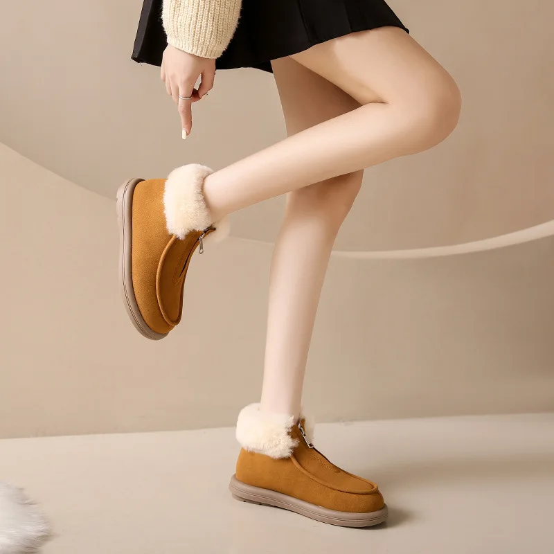 Women's Furry Cuffed Snow Boots Winter Thick Sole Suede Women's Shoes Cotton Plush Warm Short Botines Front Zipper Brown Botas