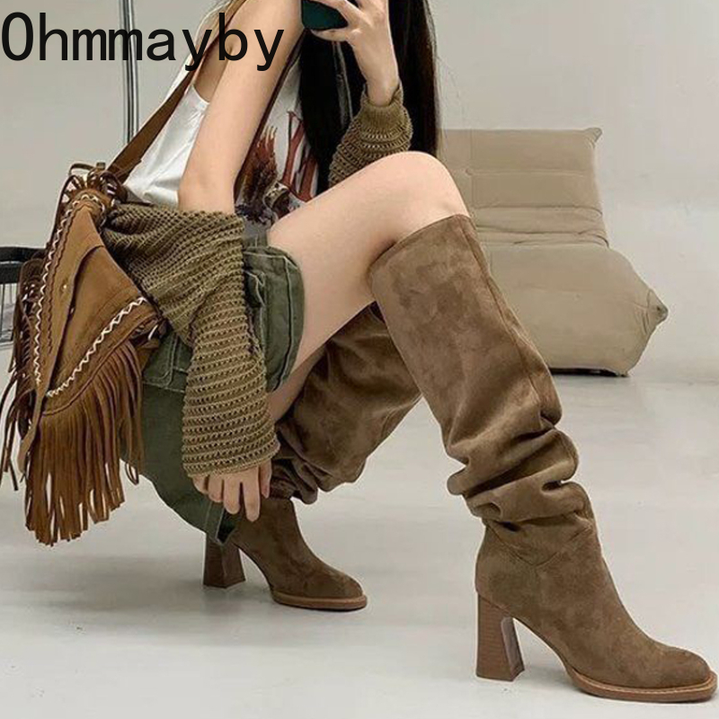 On Slip Women Western Knee High Boots Fashion Pleated Sewing Pumps Autumn Winter Thick Heel Ladies Modern Long Booties d7fc