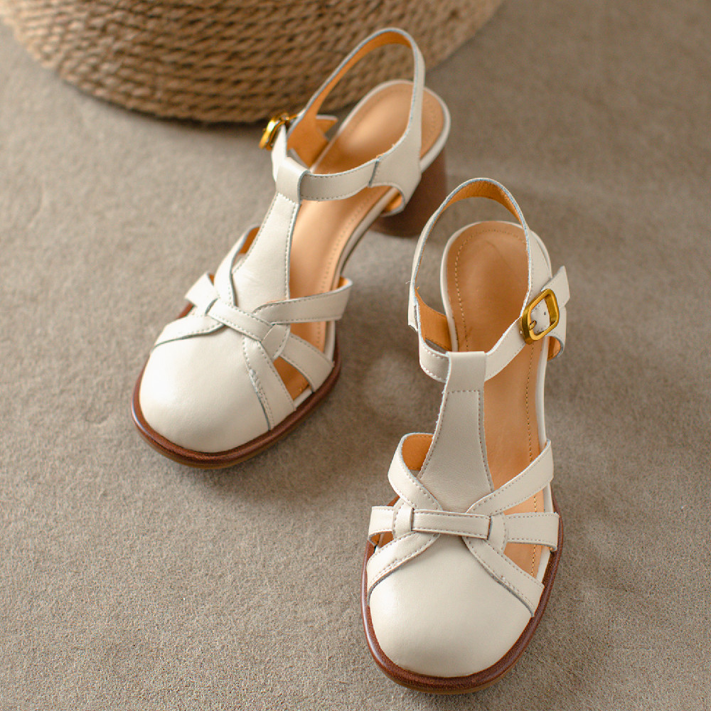 sandals Women's genuine New leather narrow band braided t-strap thick high heel round toe sandalias elegant ladies OL style pumps 9899