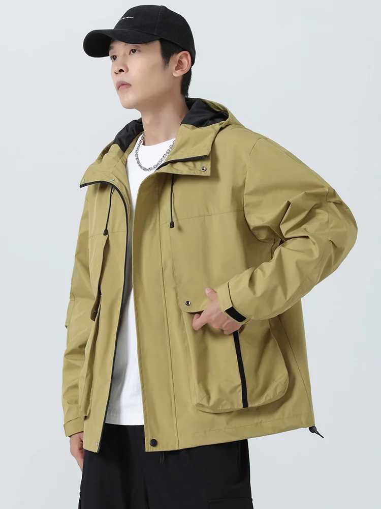 Spring and Autumn mens windproof jacket Korean fashion waterproof windproof outdoor large pocket hooded loose jacket large size 8XL W240914