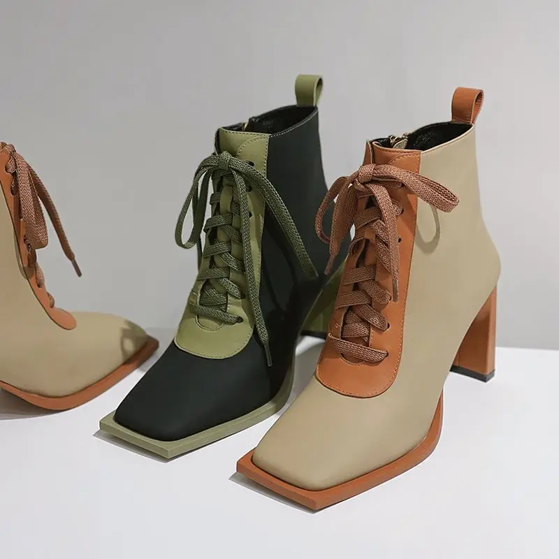 2024 New European Style Women's Martin Boots Color Block Soft Leather High Heel Short Boots Fashionable Slimming High Track