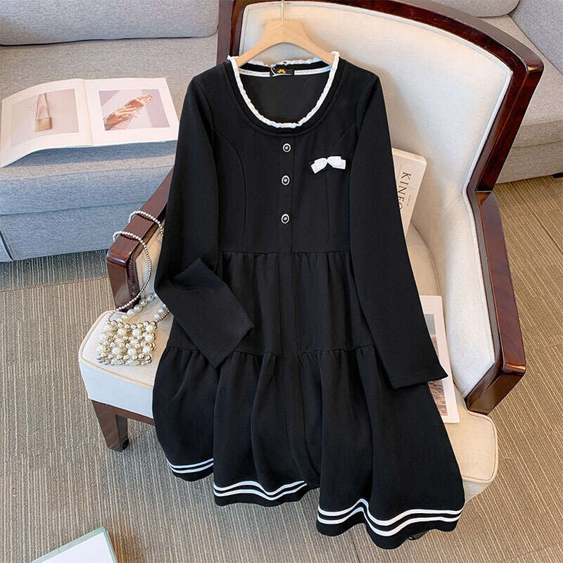 150Kg Plus Size Women's Bust 145 Spring Autumn Loose Long Sleeve Simple Small Black Dress 3Xl 4Xl 5Xl 6Xl 7Xl 8Xl