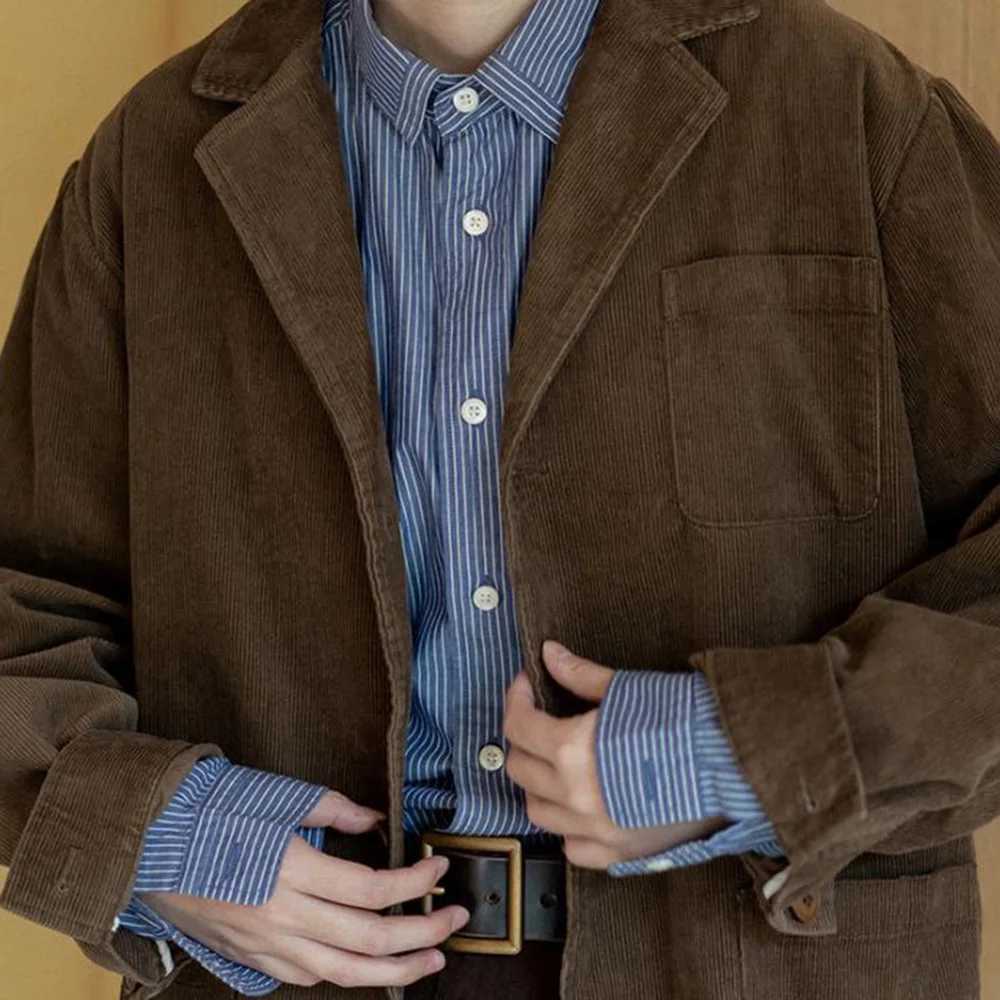 Mens Jacket Corduroy Blazer Japanese Retro Set Jacket Pocket Relaxing Fit Cardigan Button Daily Fashionable Casual Coat W240914