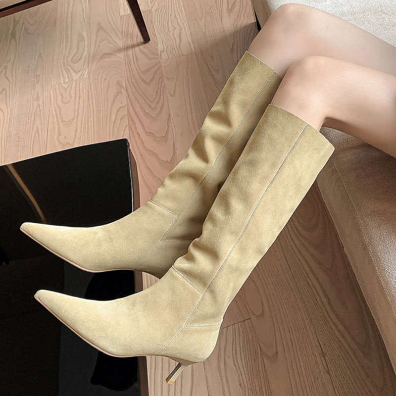 Leather Suede Knee Women Sexy Point Women's High Boots Black Beige Long Tall Shoes Ladies 2023 Autumn Winter ab09 's