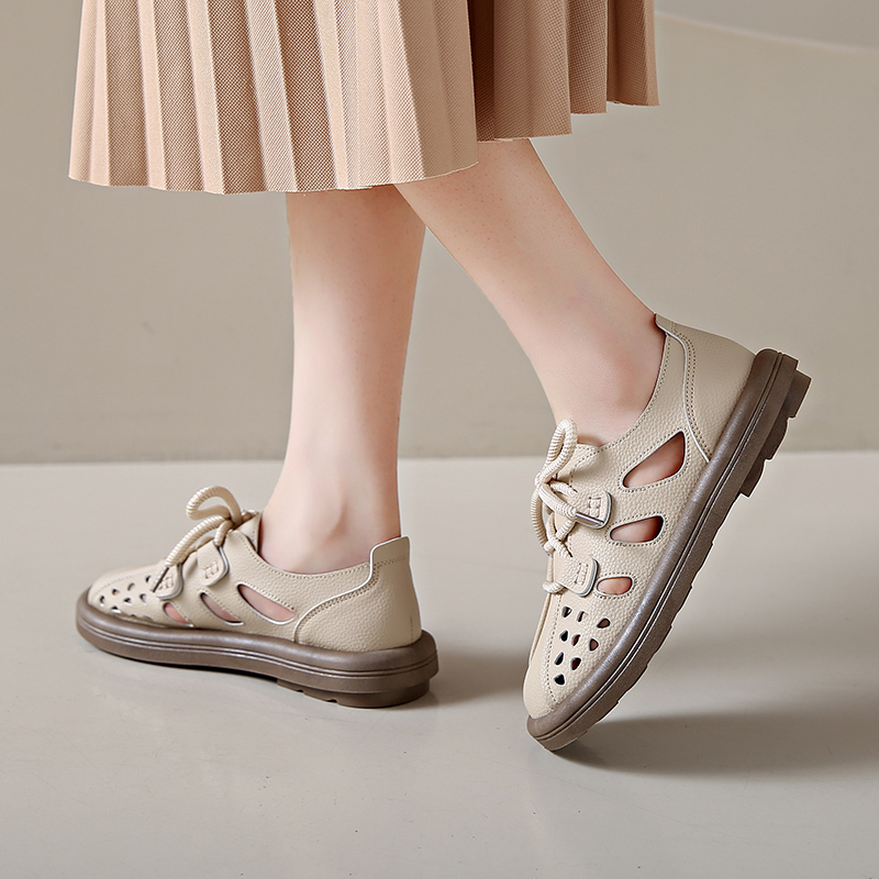 Leather Hollow Roman Sandals Women 2024 Summer Breathable Retro Single Shoe Thick Sole Sports Casual Women's Shoes .