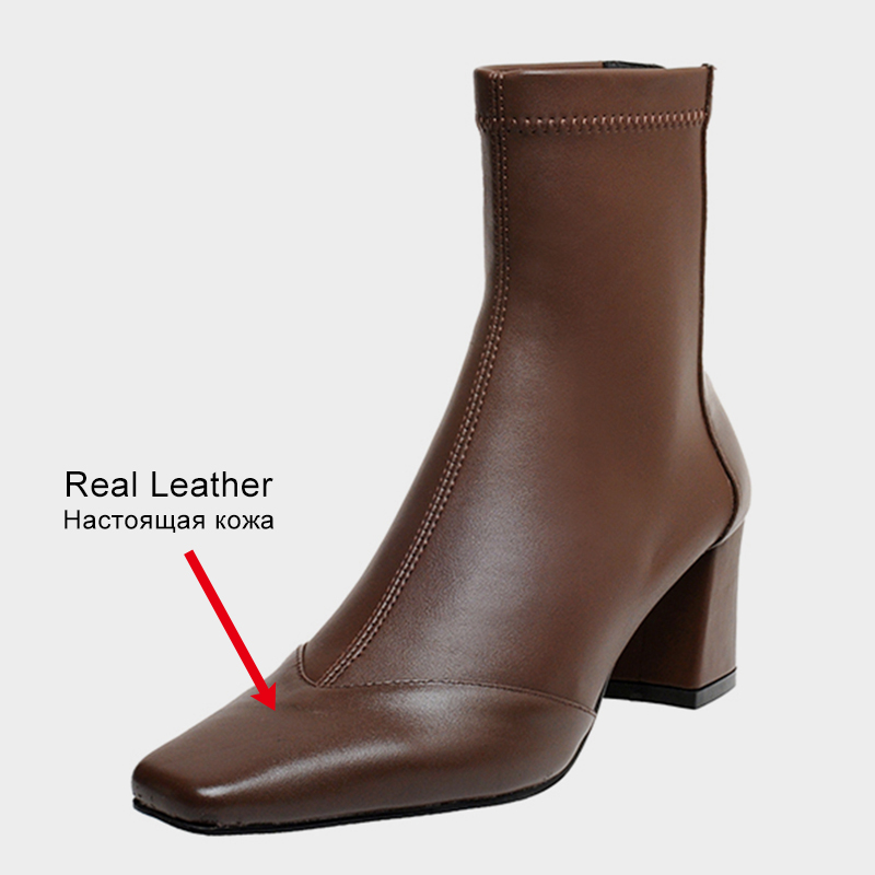 JOZHAMTA Size 34-39 Women Ankle Real Leather Sexy High Heels Shoes Woman Winter Fashion Chunky Booties Retro Elastic Boots
